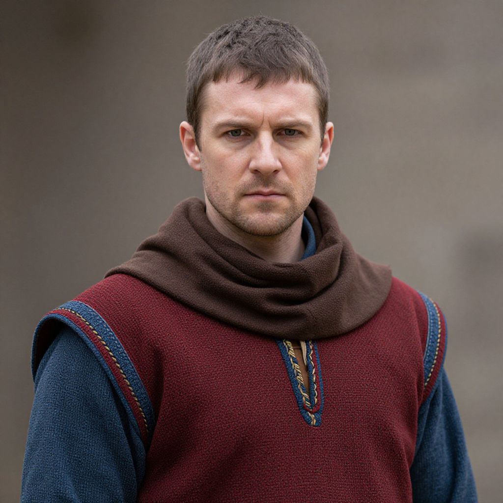 Medieval Style Man in Red Tunic and Brown Cowl