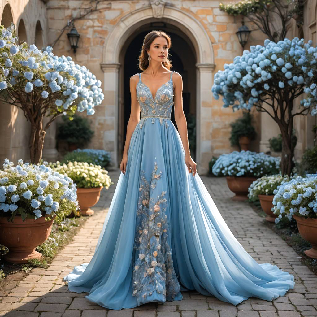 Elegant Woman in Light Blue Gown in Garden