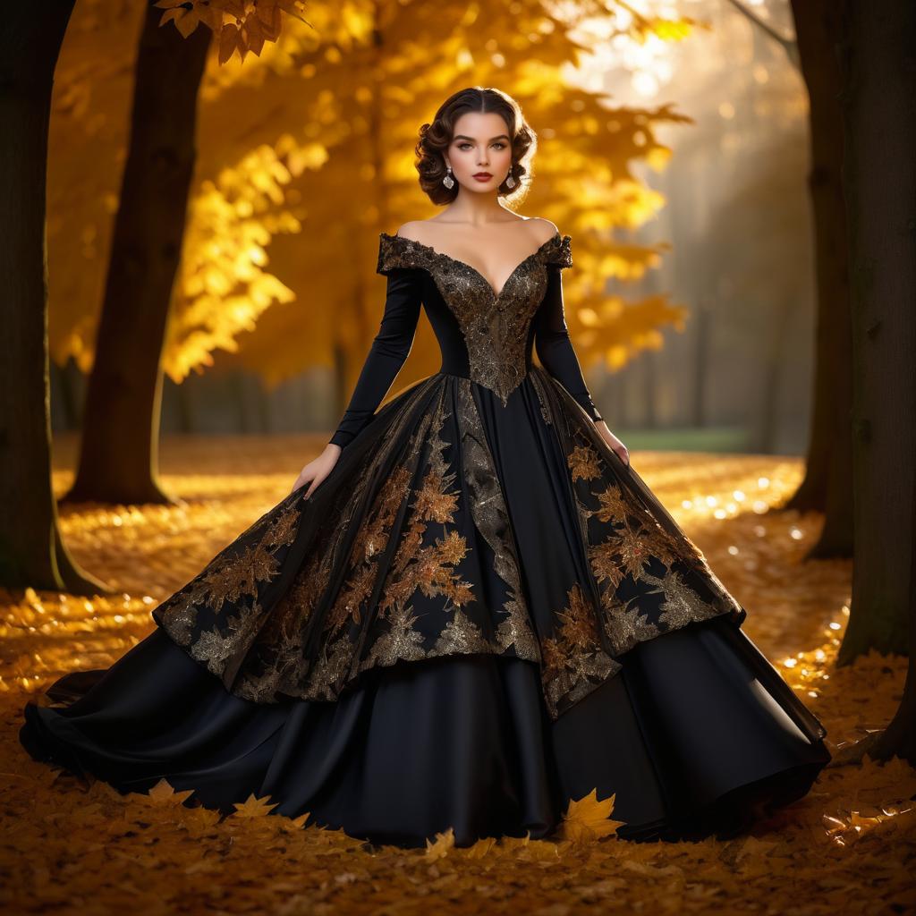 Elegant Woman in Black Gown Amid Autumn Foliage