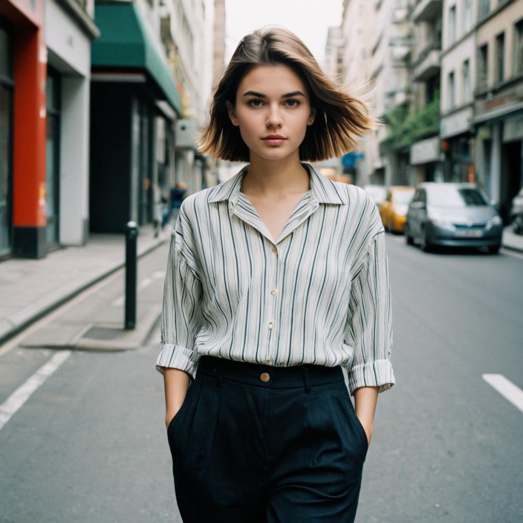 Confident Woman Walking on City Street in Casual Striped Shirt