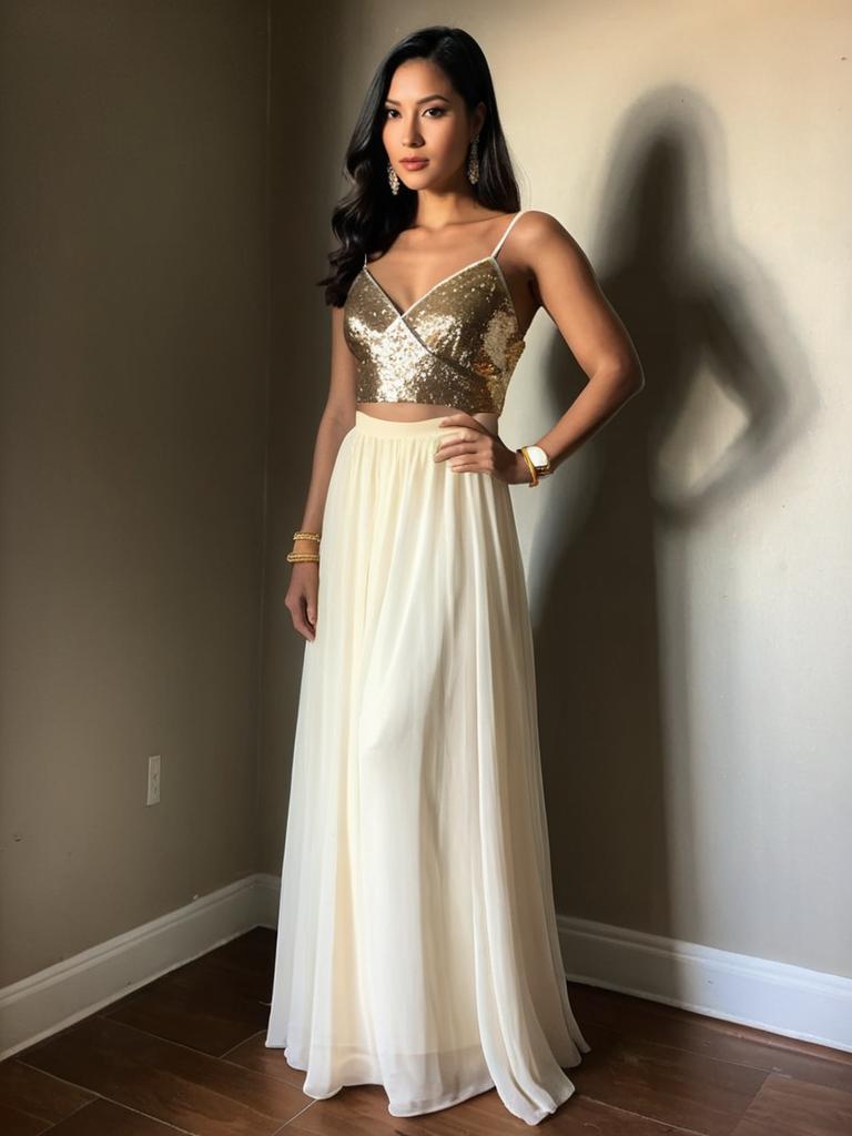 Elegant Woman Wearing Sequined Gold Bodice with Spaghetti Straps and Flowing Evening Gown Skirt