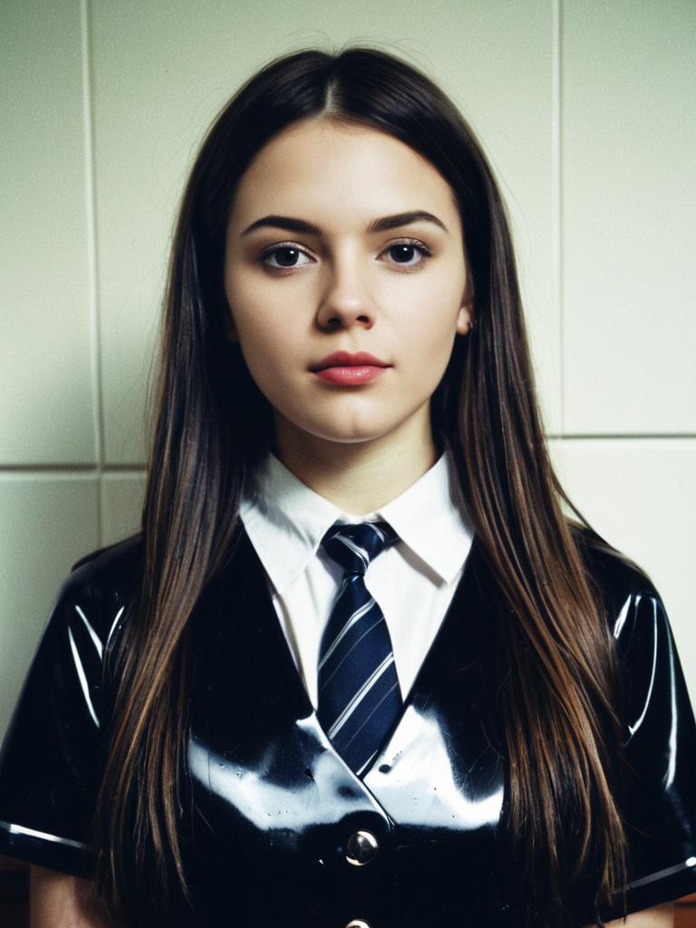 Young Woman in Latex Schoolgirl Uniform with Tie
