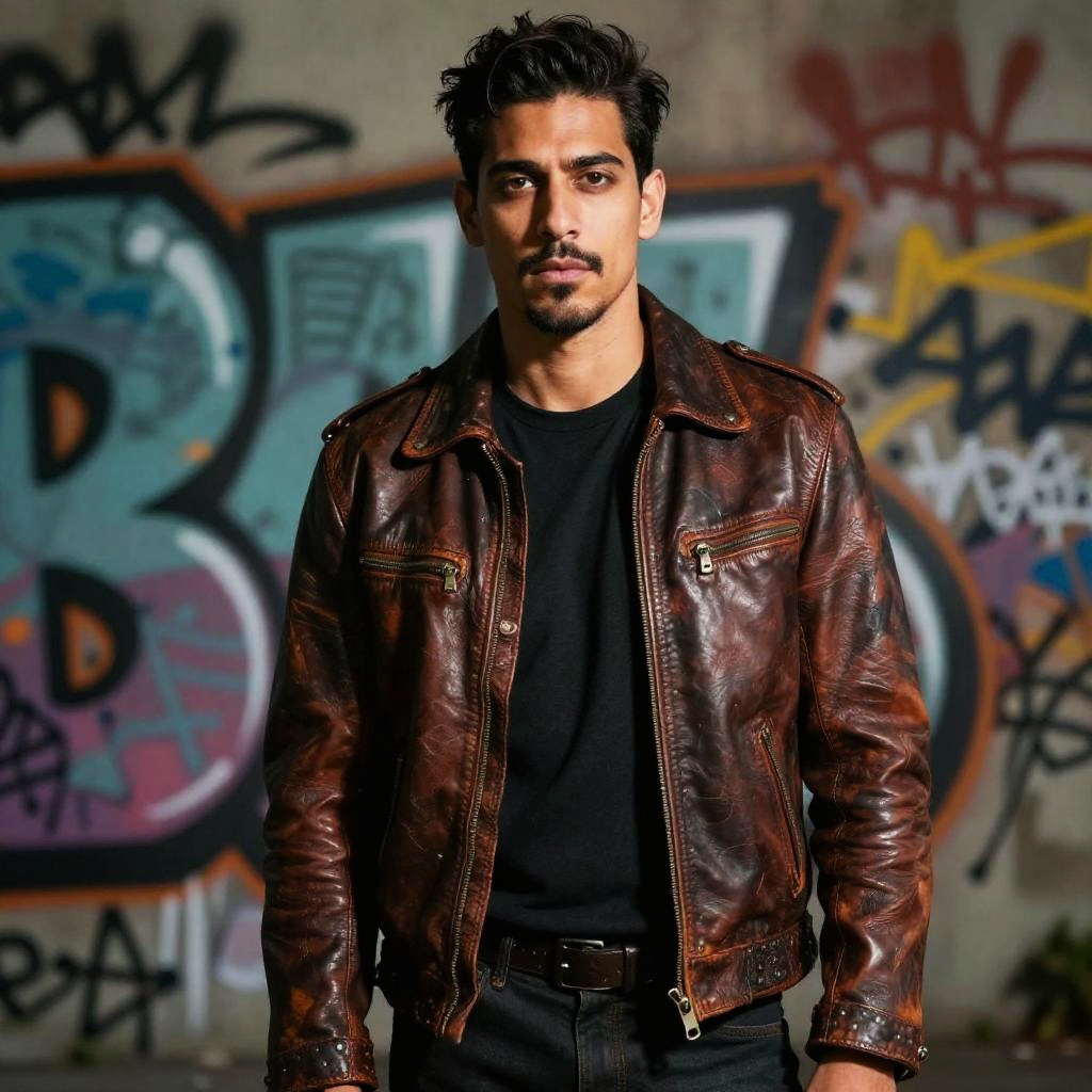 Urban Young Man in Brown Leather Jacket Against Graffiti Wall