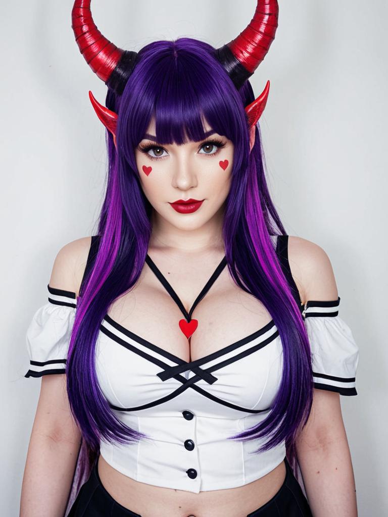 Akuma Nihmune Cosplay Woman with Purple Hair and Red Horns
