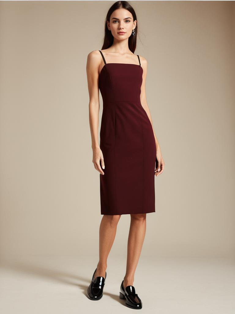 Elegant Burgundy Fitted Dress with Black Straps on Woman