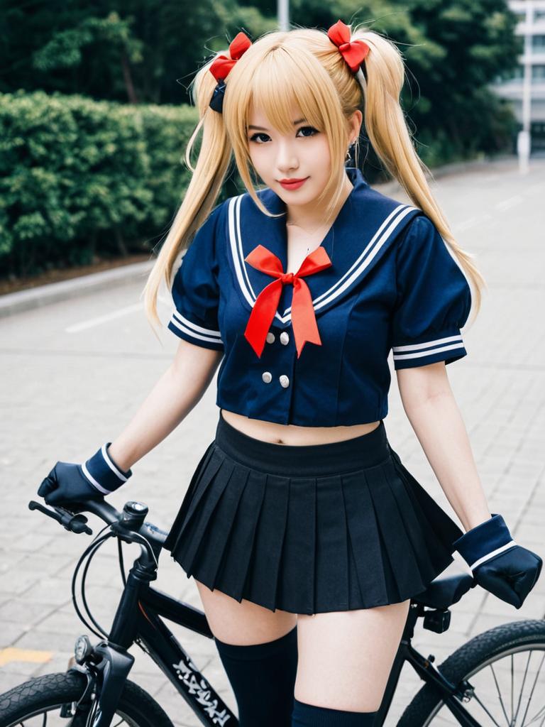 Abukuma Kai Ni Kancolle Cosplay Woman with Bicycle Outdoor Portrait