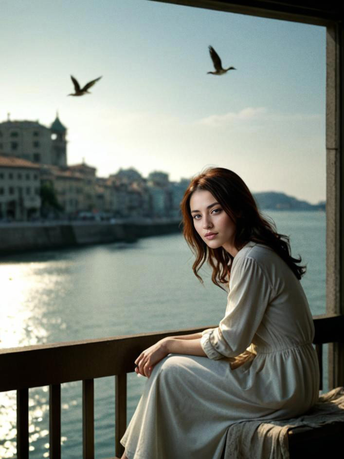 Woman in Flowing Dress Gazing at Serene Waterfront