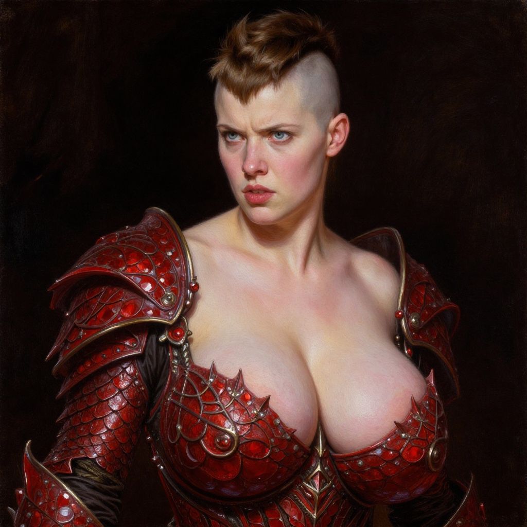 Fierce Woman Warrior in Detailed Red Scale Armor Portrait