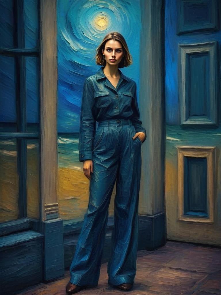 Stylish Woman in Blue Jumpsuit with Surreal Background Stylish Woman in Blue Jumpsuit with Surreal Background