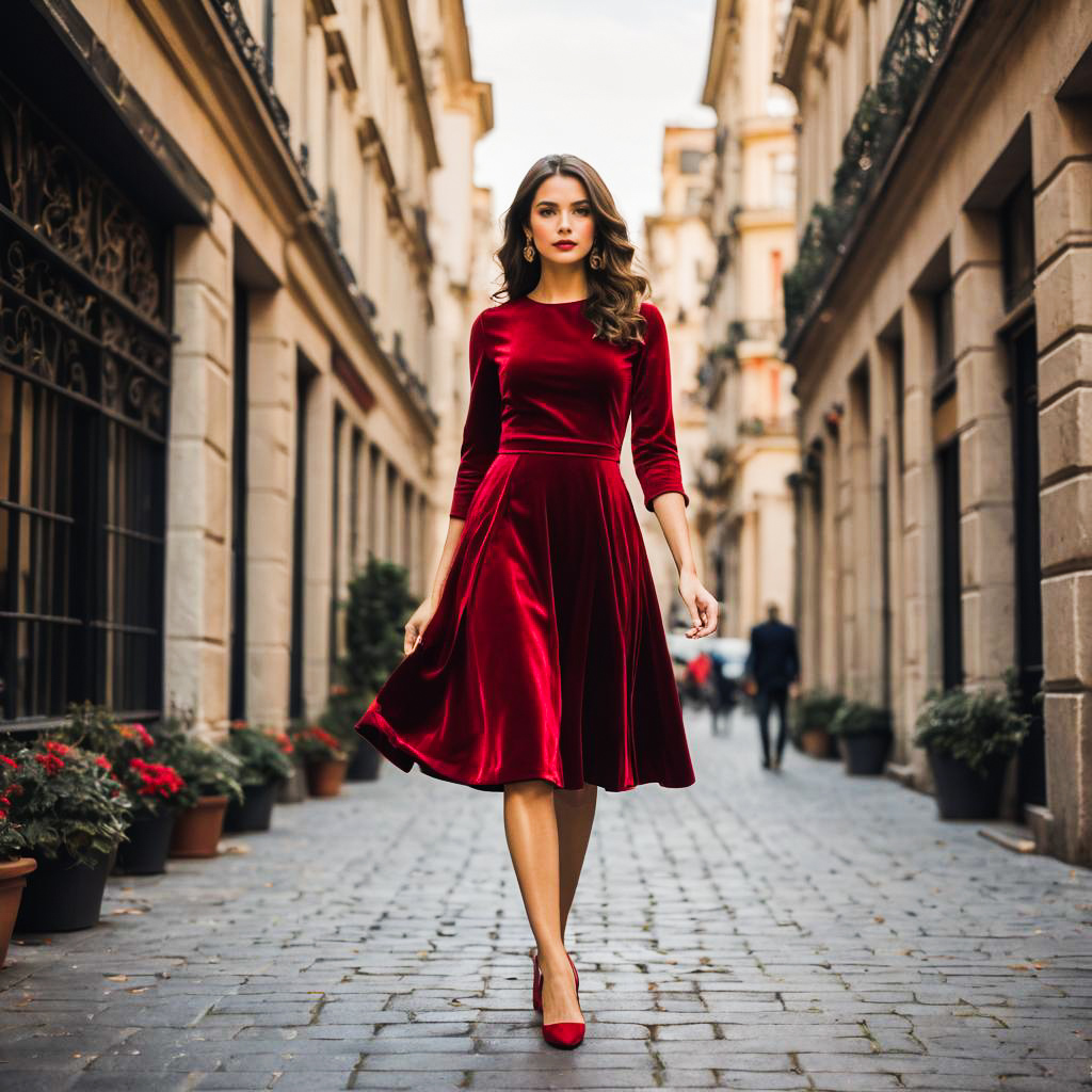 Elegant Woman in Red Velvet Dress Walking in Charming Alleyway