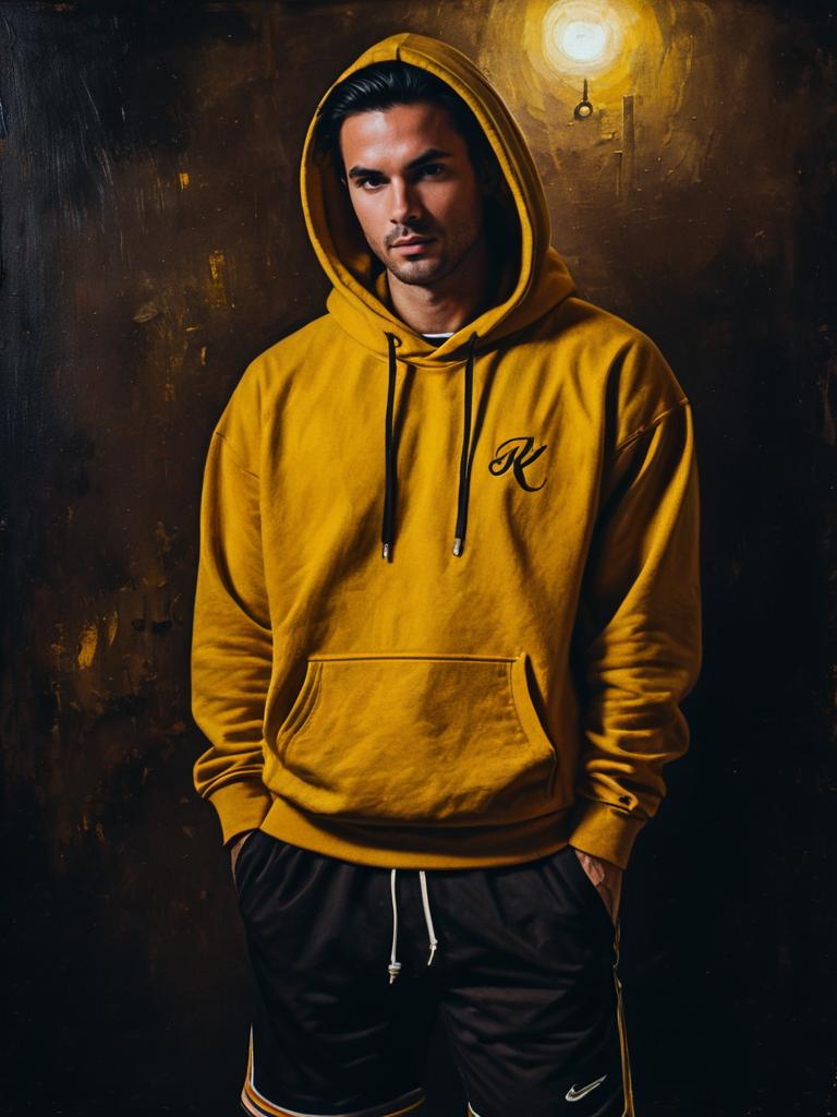 Man in Mustard Yellow Hoodie with Cursive Logo Print Wearing Casual Streetwear