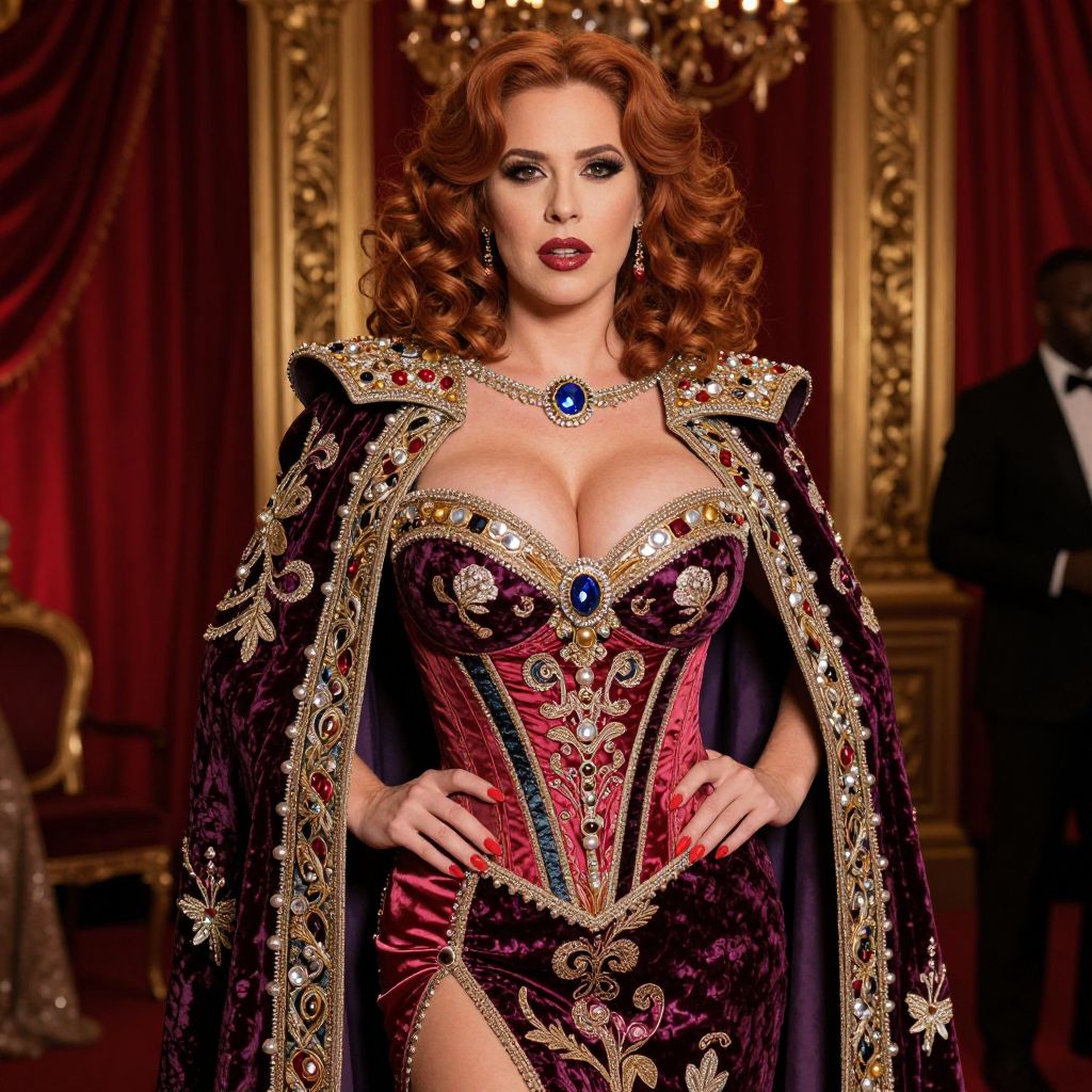 Elegant Red-Haired Woman in Ornate Velvet Baroque Gown with Jewel Embellishments