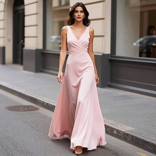 Elegant Pink Gown Stylish Woman Walking on Sidewalk