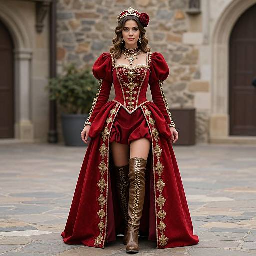 Elegant Woman in Red Renaissance-Style Dress with Gold Embroidery and Thigh-High Boots