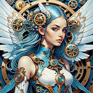 Steampunk Woman with Blue Hair and Mechanical Wings