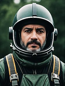 Photorealistic Close-Up Headshot of Man in Air Flight Helmet and Suit