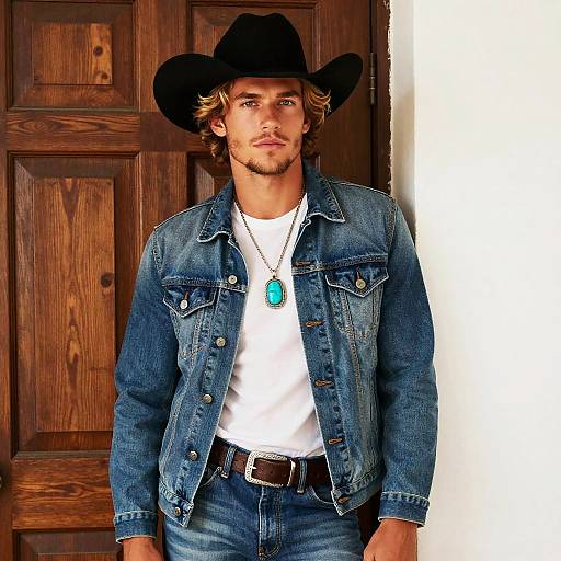 Young Man Wearing Cowboy Hat and Denim Outfit with Turquoise Necklace