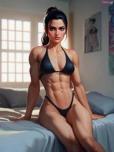 Digital Illustration of Muscular Woman in Black Bikini Sitting on Bed