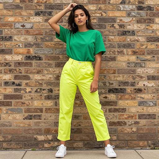 Young Woman in Bright Green and Yellow Casual Gen Z Street Style Outfit