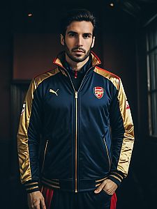 Man Wearing Realistic Arsenal Tracksuit Cosplay with Puma Branding