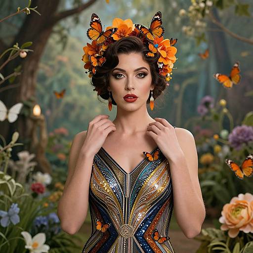 Woman in Elegant Dress with Orange Butterfly Floral Crown in Enchanted Forest