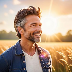 Smiling Man in Wheat Field at Sunset