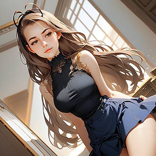 Elegant Anime Style Woman in Black Lace Top Digital Artwork