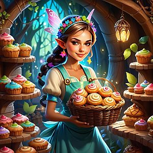Fairy Woman in Woodland Bakery with Cupcakes