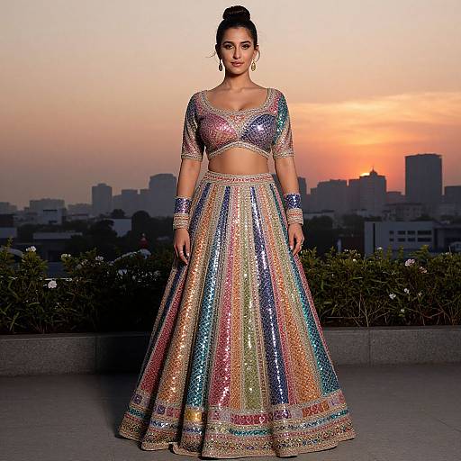 Woman in Multicolored Sequin Lehenga at Sunset
