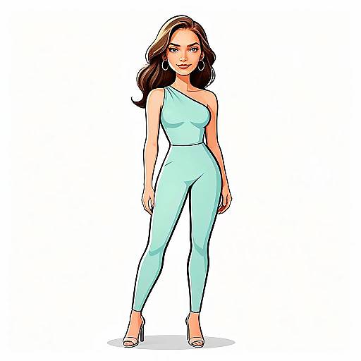 Stylish Woman in Mint Green One-Shoulder Jumpsuit Cartoon Illustration