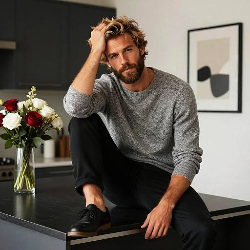 Casual Bearded Man in Gray Sweater Sitting on Kitchen Counter Lifestyle Portrait
