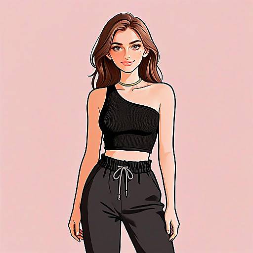 Woman with Pretty Face and Hair in Casual Chic Black Outfit Illustration
