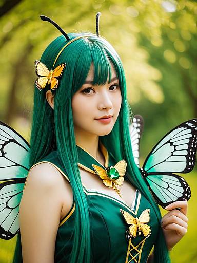 Akimoto Komachi Butterfly Cosplay Woman with Green Hair and Wings