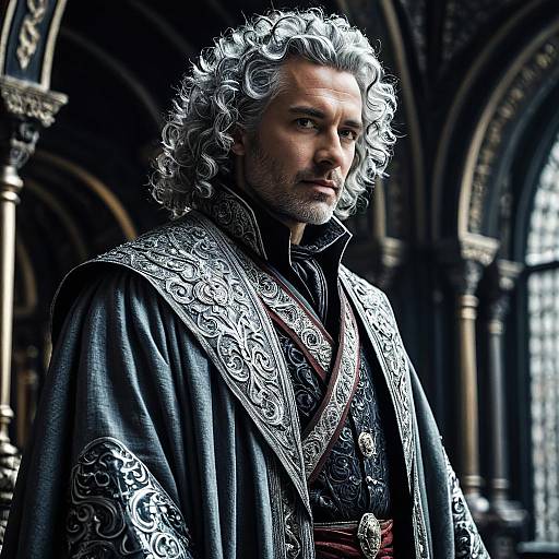 Regal Man in Ornate Medieval Robe with Silver Curly Hair in Gothic Setting