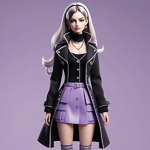 Stylish woman in black coat and lavender skirt