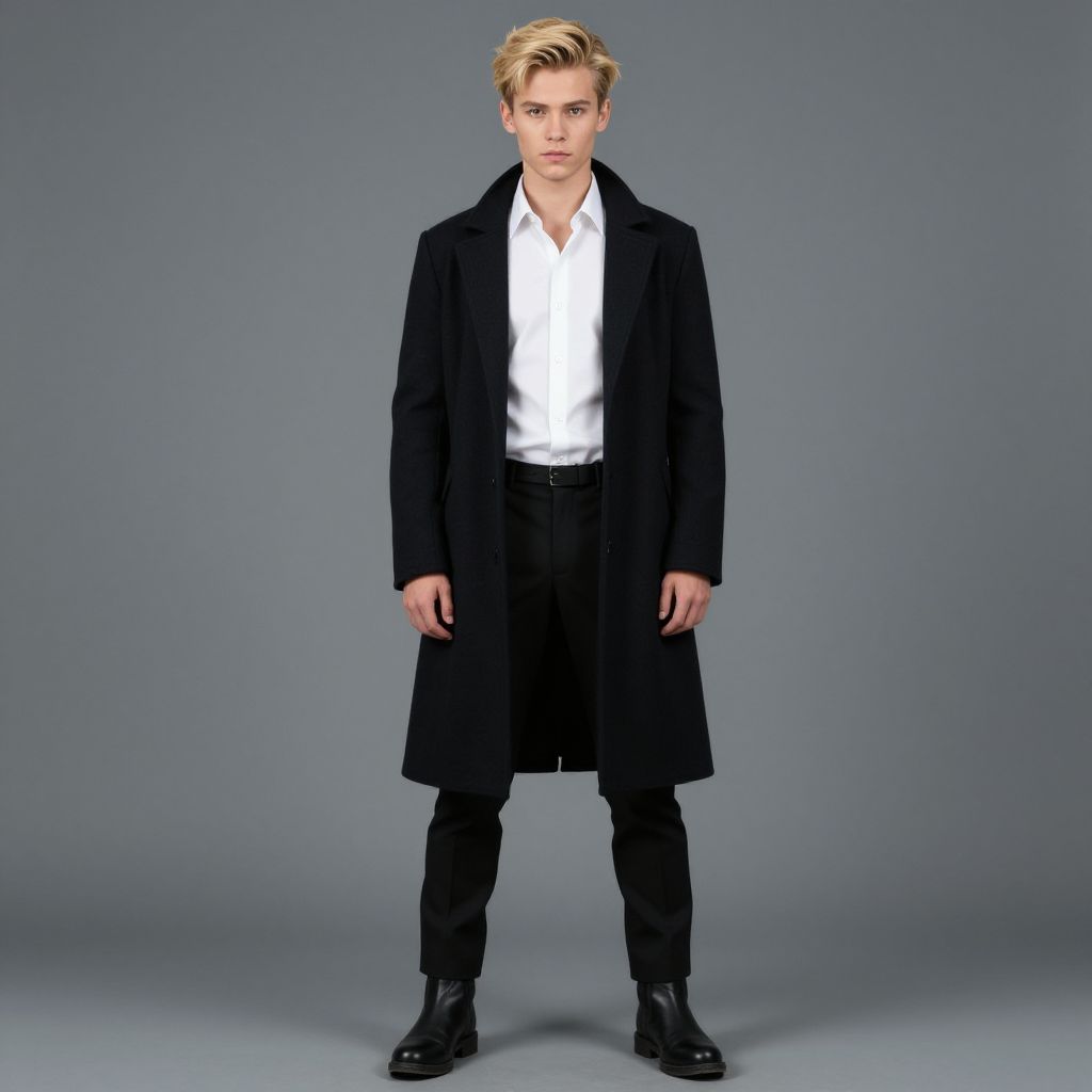 Young Man Wearing Black Overcoat with White Shirt and Black Pants