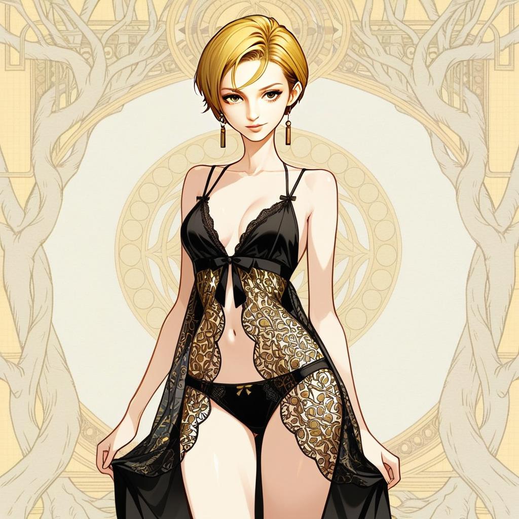 Elegant Woman in Black and Gold Lace Lingerie Art Nouveau Style Digital Illustration