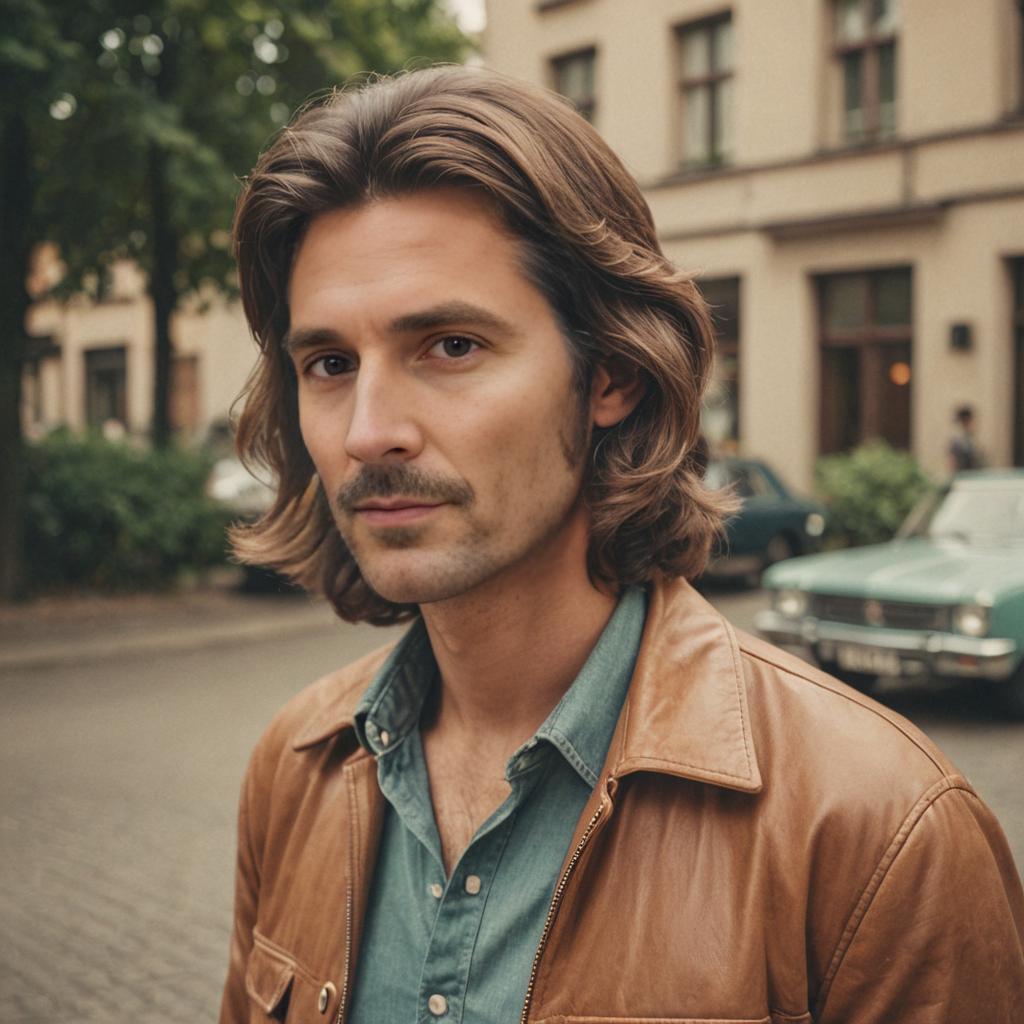 Man with 70s Hairstyle and Vintage Polaroid Camera