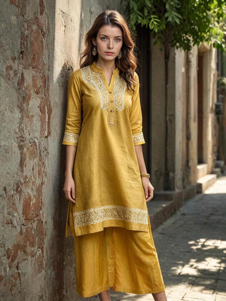 Elegant Woman in Yellow Kurta on Stone Street