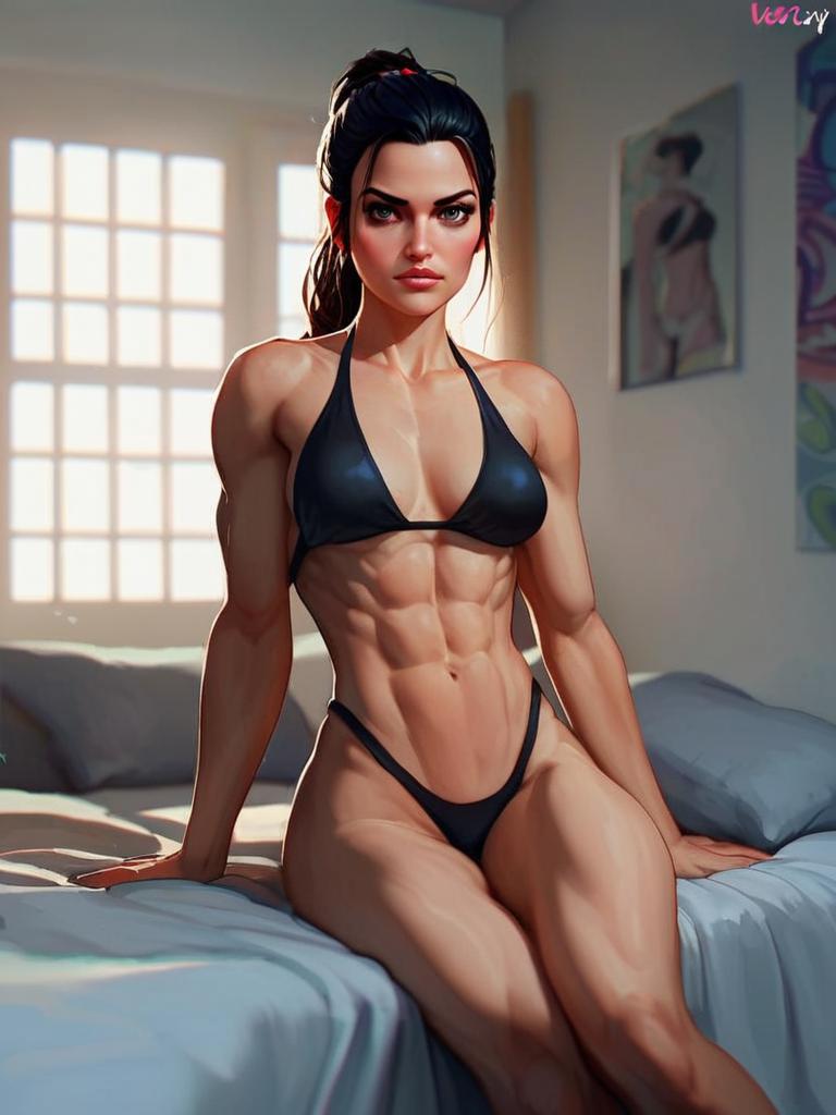 Digital Illustration of Muscular Woman in Black Bikini Sitting on Bed
