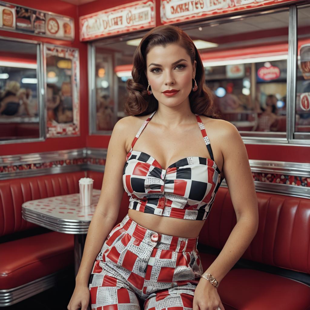 Retro 1950s Style Woman in Checkered Outfit at Vintage Diner Booth