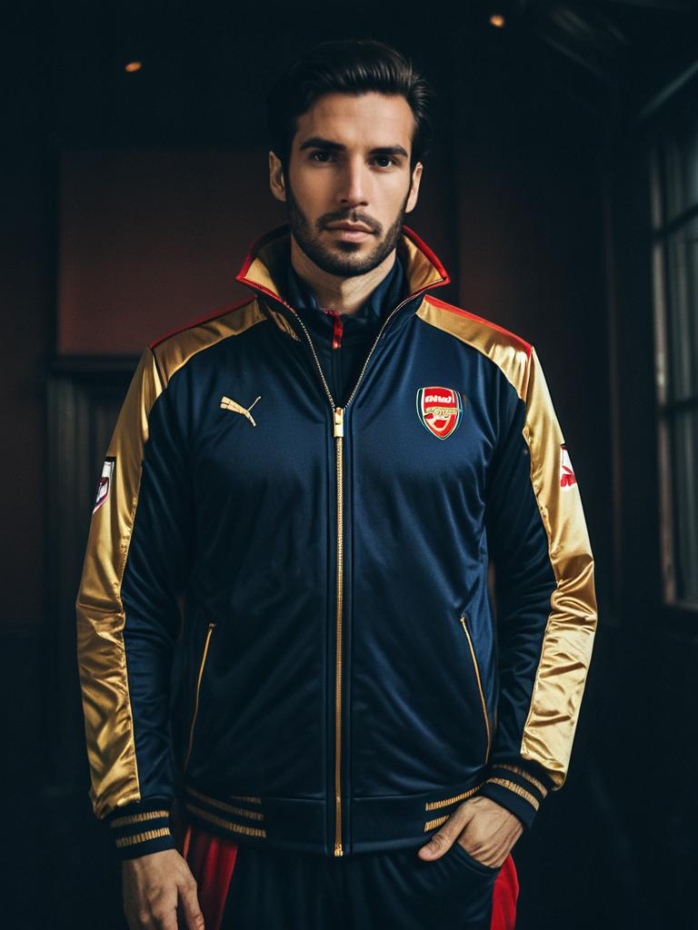 Man Wearing Realistic Arsenal Tracksuit Cosplay with Puma Branding