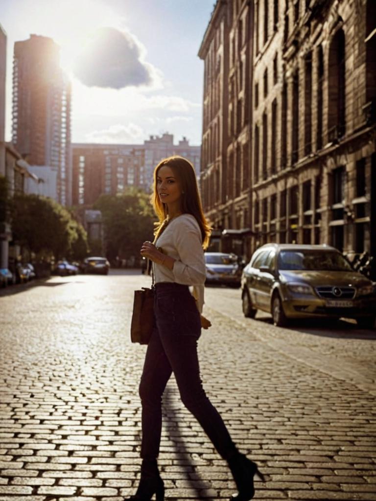 Elegant Woman on Cobblestone Street