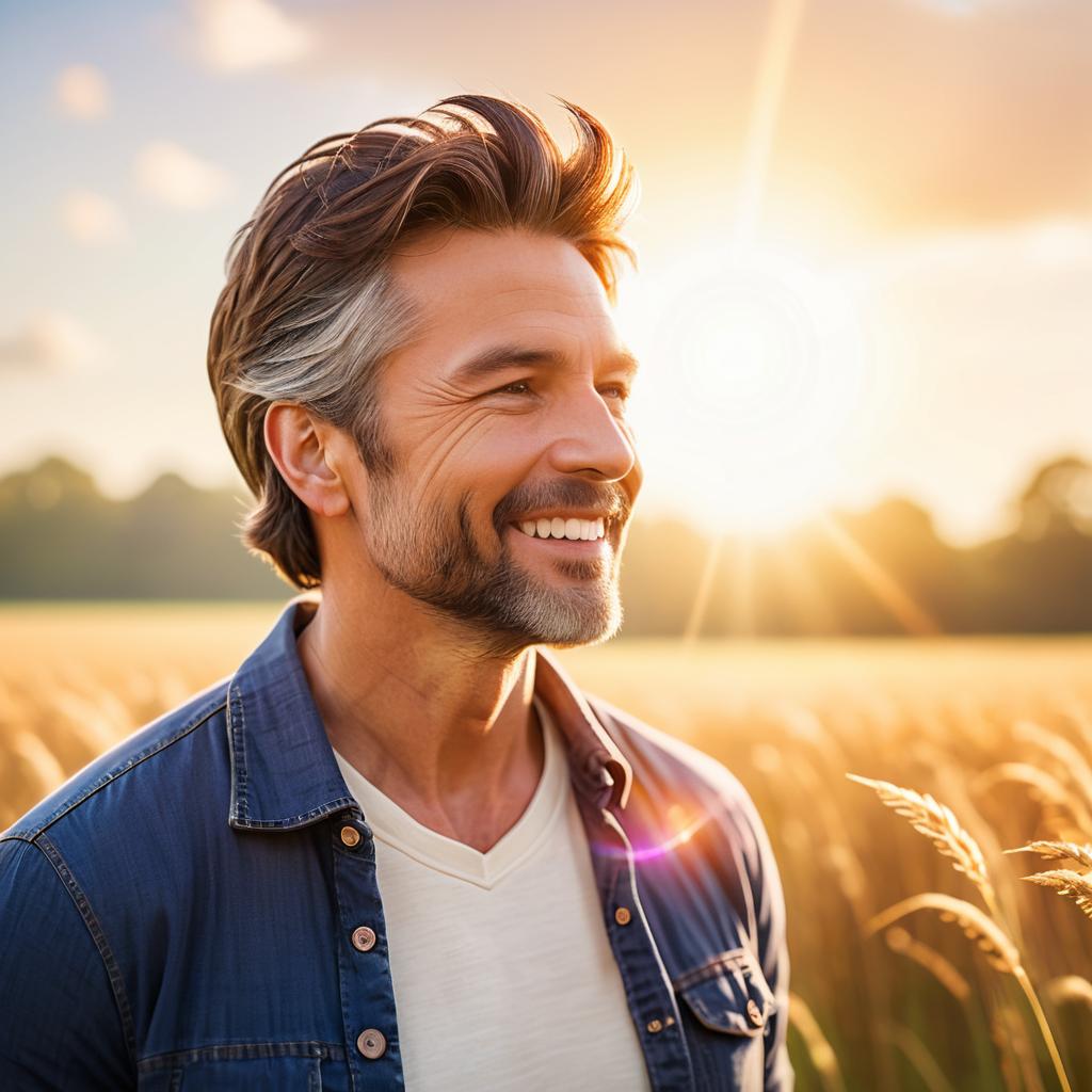 Smiling Man in Wheat Field at Sunset