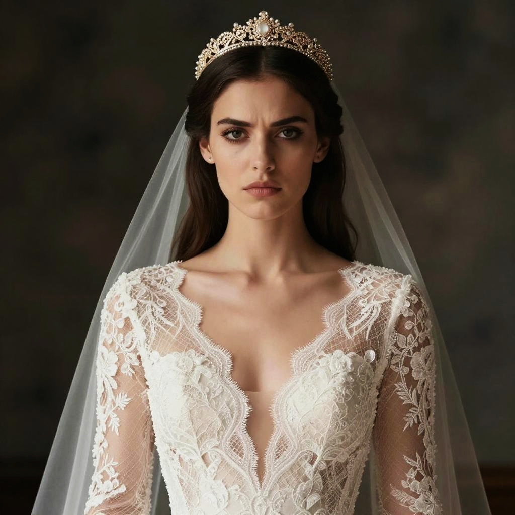 Elegant Woman in Lace Bridal Gown with Pearl Tiara and Veil