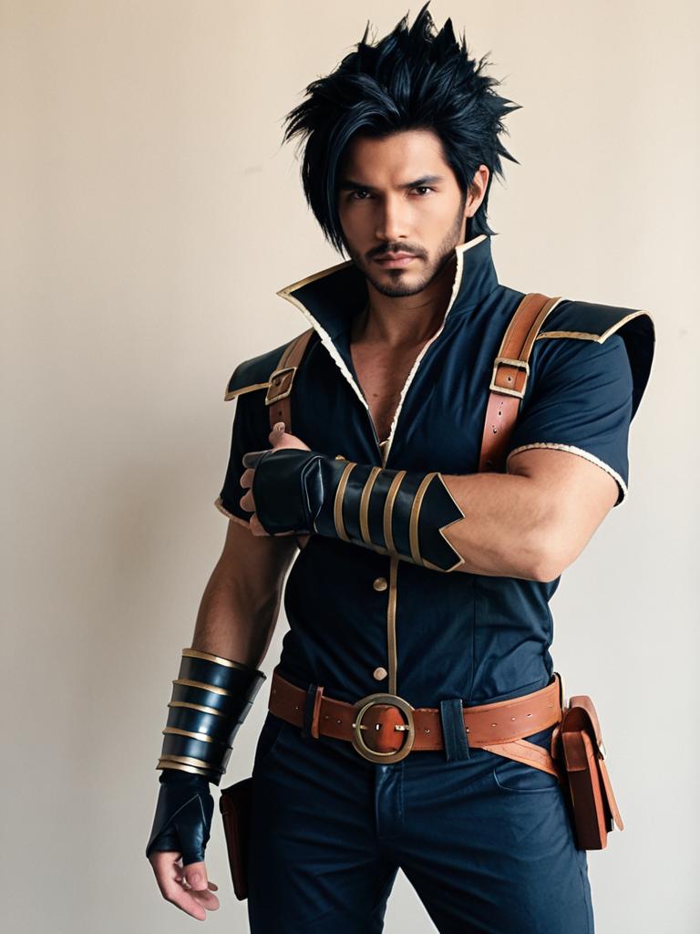 Man in Realistic Zack Fair Cosplay Costume with Spiked Hair
