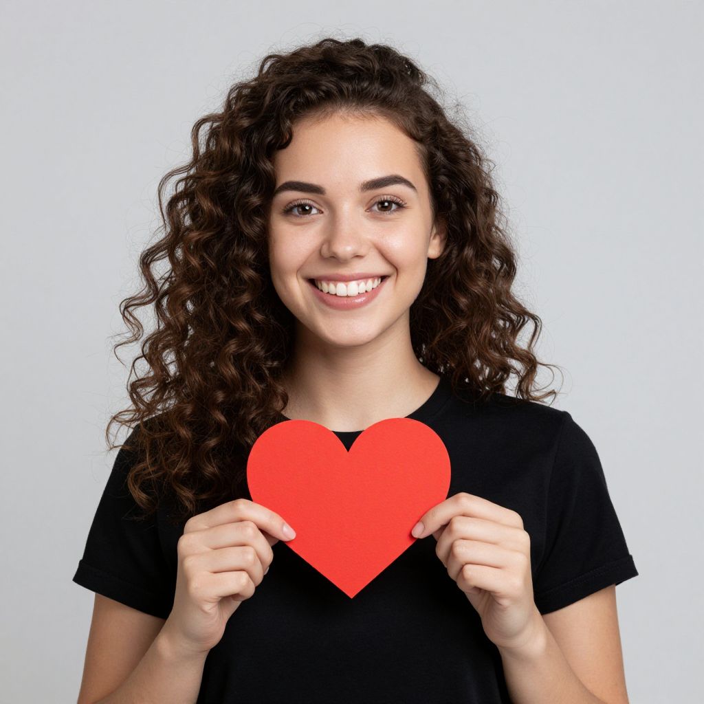 Smiling Woman Holding Red Paper Heart on Gray Background