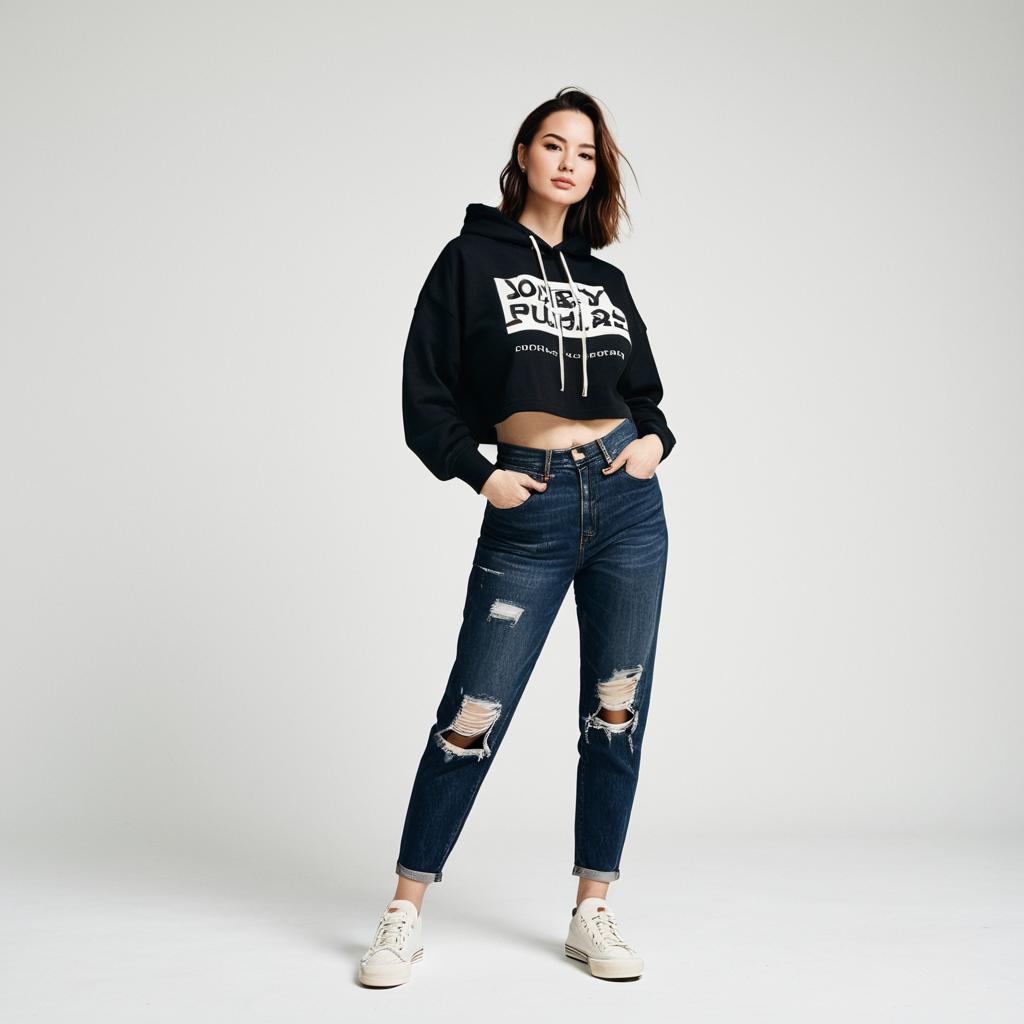 Stylish Woman Wearing Cropped Hoodie and Ripped Jeans in Casual Streetwear