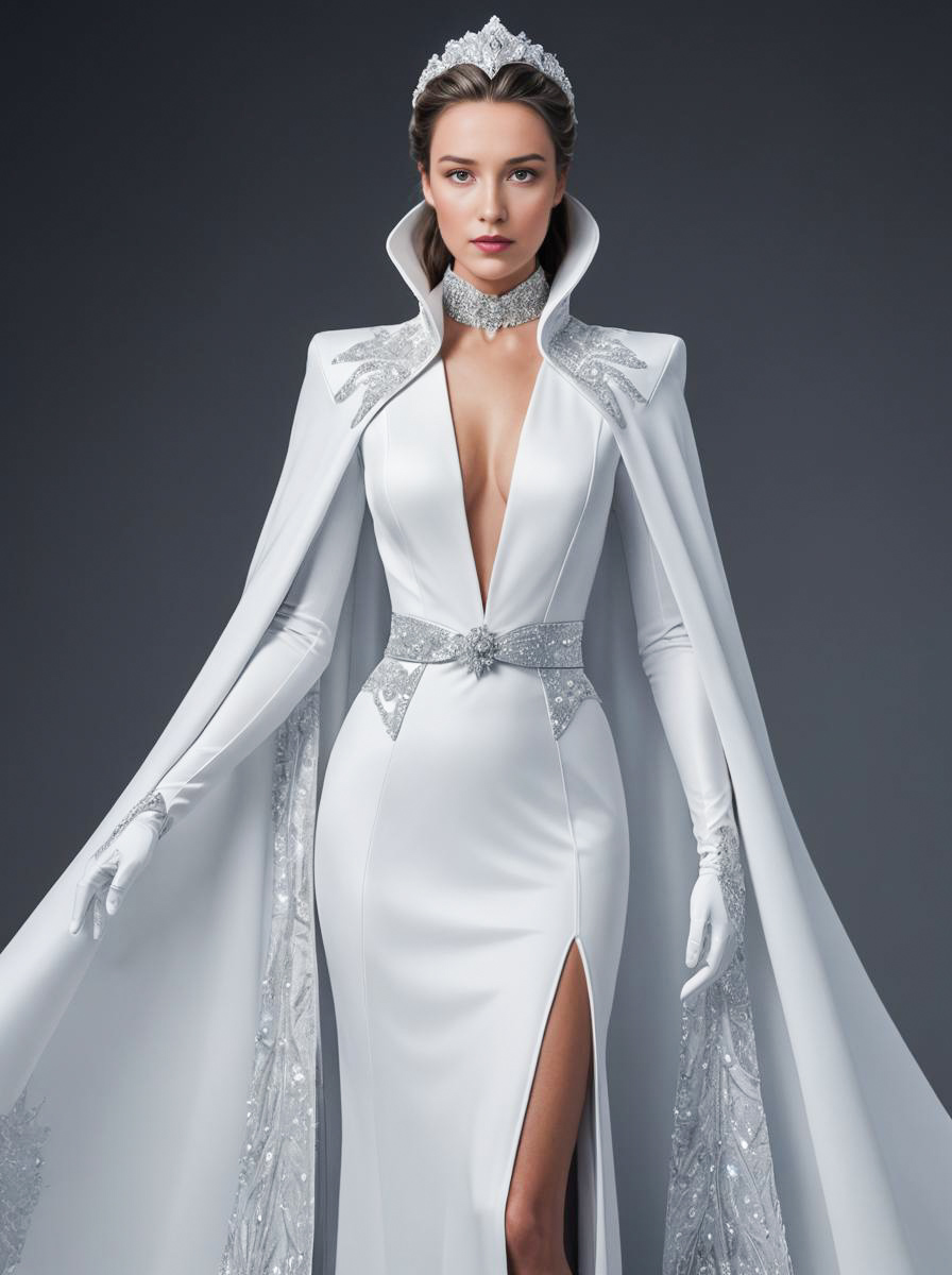 Elegant Woman in White Gown with Silver Embellishments