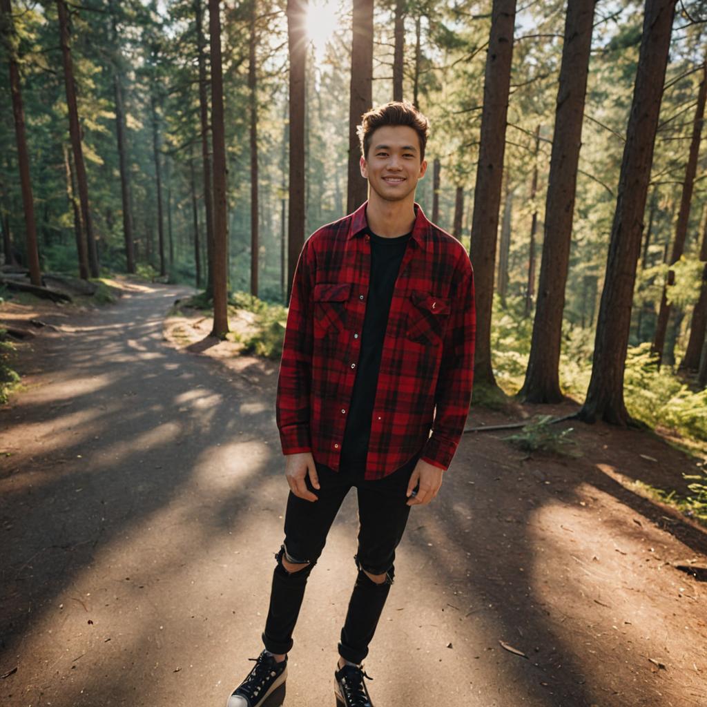 Man in Forest with Sunlight and Smile